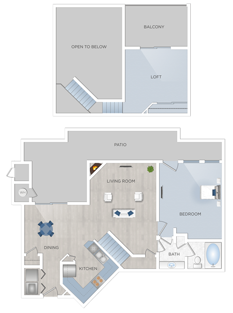 Floor plan for 1 bed, 1 bath, 935 sqft